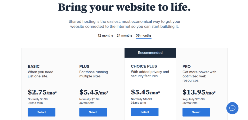Select a Web Hosting Plan
